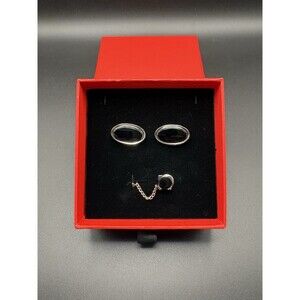 Vintage Black Onyx Cufflinks Tie Tack Chain Set Silver Tone Oval Formal Mens